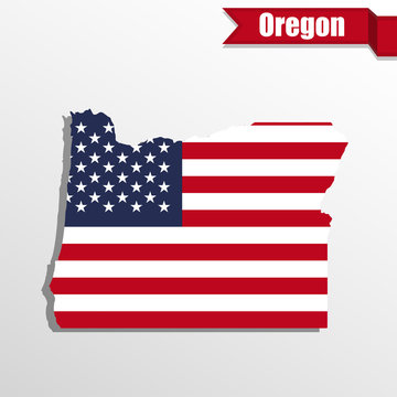 Oregon State map with US flag inside and ribbon