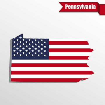 Pennsylvania State map with US flag inside and ribbon