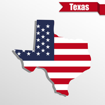 Texas State map with US flag inside and ribbon