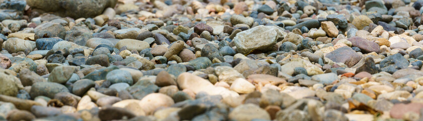 Panoramic view of the dried riverbed. A dry river bed of gravel.