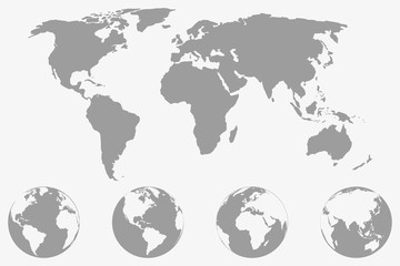 Obraz na płótnie Canvas World map with four globe icons from different sides. Stylized geometric flat vector