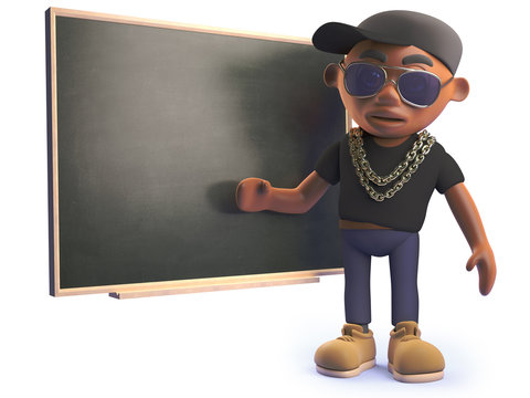 Cool black rap hiphop artist teaching at the blackboard, 3d illustration