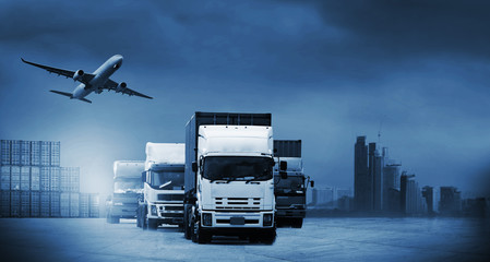 Abstract image of the logistics, there are container truck, ship in port and airplane