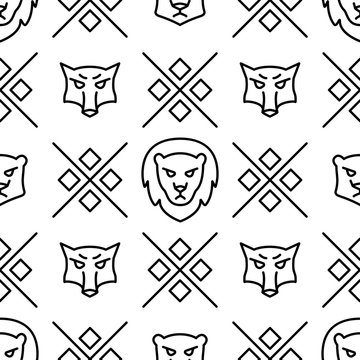 Linear seamless pattern with wild wolves and lions Vector line illustration