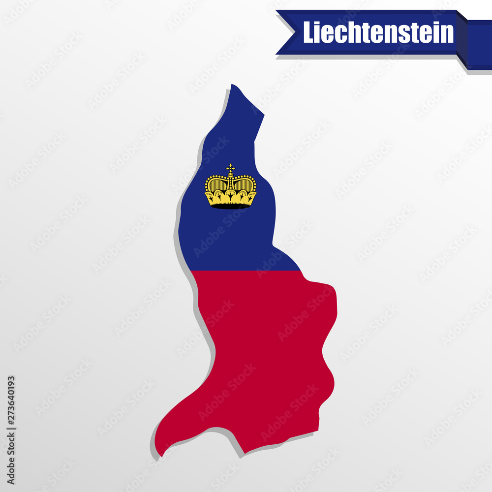 Poster Liechtenstein map with flag inside and ribbon