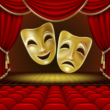 Theater masks on a red background. Golden masks. Theater scene. Mesh. Clipping Mask