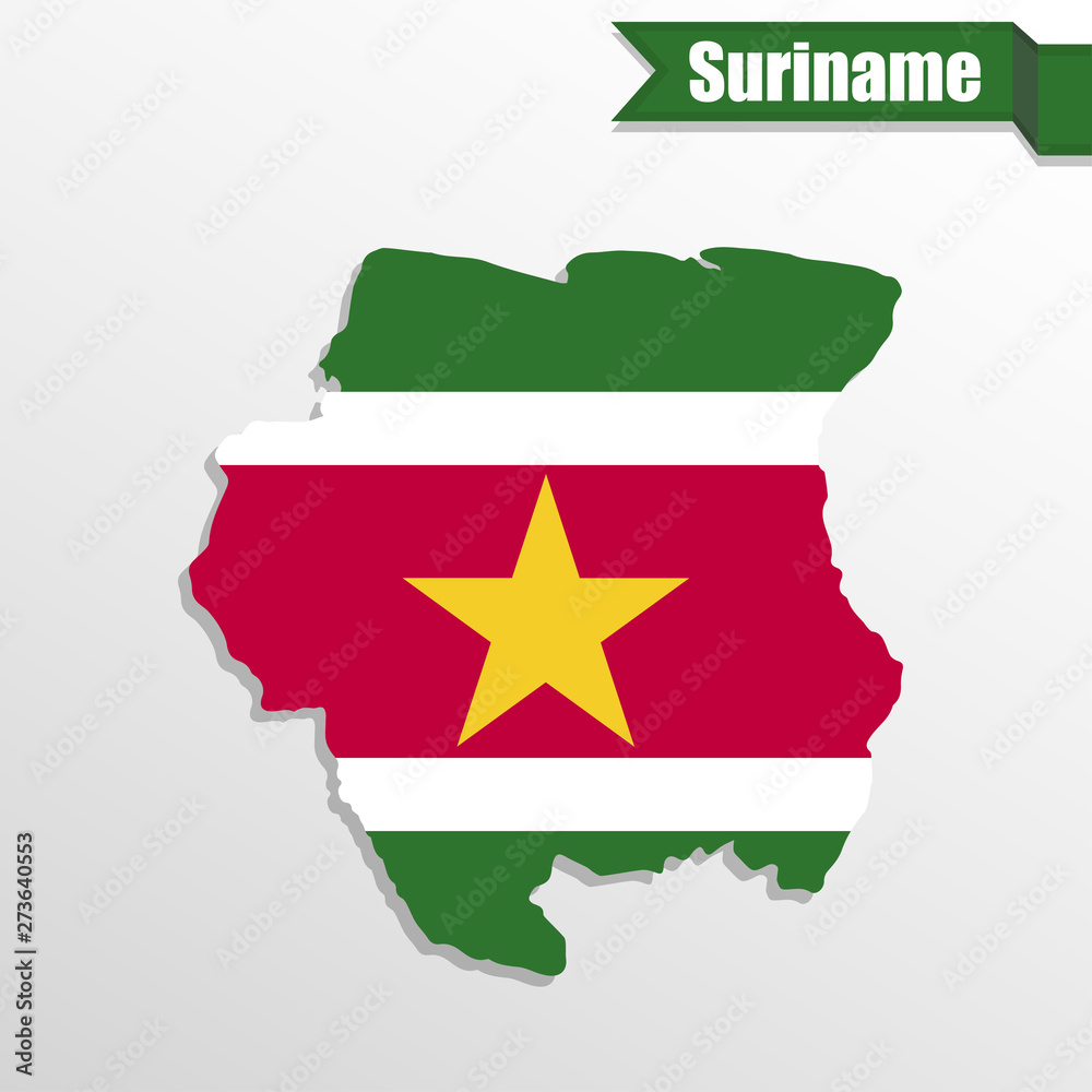 Poster suriname map with flag inside and ribbon