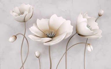 Illustration of beautiful White flower decorative on gray wall background 3D wallpaper. Graphical modern art - obrazy, fototapety, plakaty