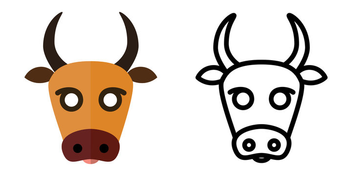 Set of icons - logos in linear and flat style The head of a cow. Vector illustration