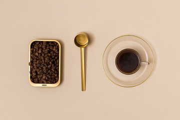 Coffee beans and black coffee