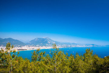 Beautiful view of the Mediterranean Sea, the mountains, the forest and the city. Turkey, Alanya.