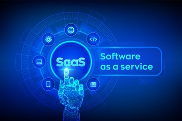 SaaS. Software as a service. Internet and technology concept on virtual screen. Development Concept. SAAS Computing IOT Industry. Robotic hand touching digital interface. Vector illustration.