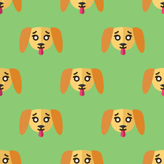 Seamless pattern for textiles with cute yellow puppies on a green background. Vector illustration in flat style