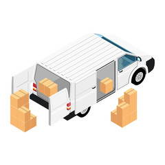 White minivan cargo delivery van deliver cardboard boxes