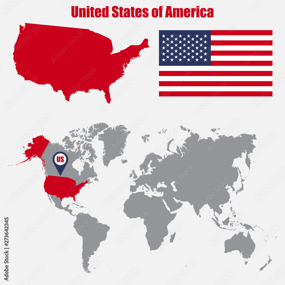 Poster USA map on a world map with flag and map pointer. Vector illustration