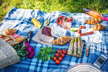 Summer picnic in the park on the grass. Wine, fruit and croissants