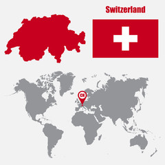 Switzerland map on a world map with flag and map pointer. Vector illustration