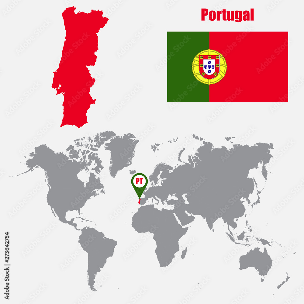 Leinwandbilder Portugal map on a world map with flag and map pointer. Vector illustration