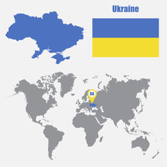 Ukraine map on a world map with flag and map pointer. Vector illustration