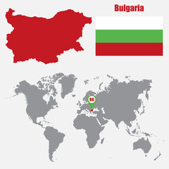 Bulgaria map on a world map with flag and map pointer. Vector illustration
