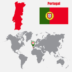 Portugal map on a world map with flag and map pointer. Vector illustration