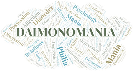 Daimonomania word cloud. Type of mania, made with text only.