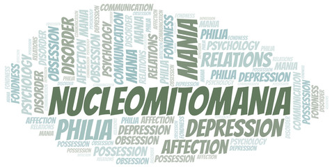 Nucleomitomania word cloud. Type of mania, made with text only.