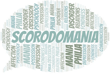 Scorodomania word cloud. Type of mania, made with text only.