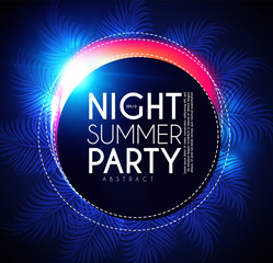 Tropic night summer party banner. Palms leaves with light effects.