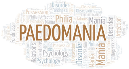 Paedomania word cloud. Type of mania, made with text only.
