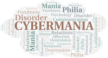 Cybermania word cloud. Type of mania, made with text only.