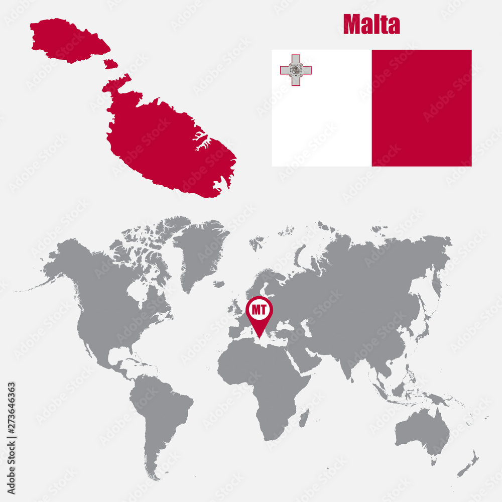 Poster Malta map on a world map with flag and map pointer. Vector illustration