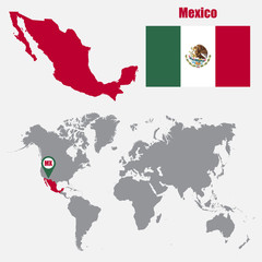 Mexico map on a world map with flag and map pointer. Vector illustration