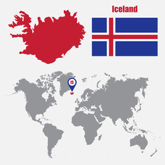 Iceland map on a world map with flag and map pointer. Vector illustration
