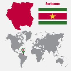 Suriname map on a world map with flag and map pointer. Vector illustration