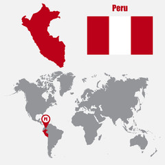Peru map on a world map with flag and map pointer. Vector illustration