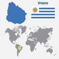 Uruguay map on a world map with flag and map pointer. Vector illustration