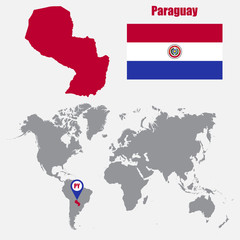 Paraguay map on a world map with flag and map pointer. Vector illustration