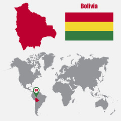 Bolivia map on a world map with flag and map pointer. Vector illustration