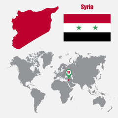 Fototapeta premium Syria map on a world map with flag and map pointer. Vector illustration