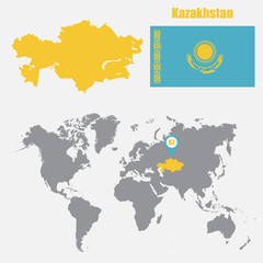 Kazakhstan map on a world map with flag and map pointer. Vector illustration