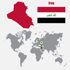 Iraq map on a world map with flag and map pointer. Vector illustration