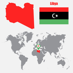 Libya map on a world map with flag and map pointer. Vector illustration