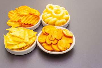 Assorted salty spiced snacks.
