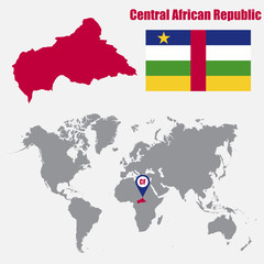 Central African Republic map on a world map with flag and map pointer. Vector illustration
