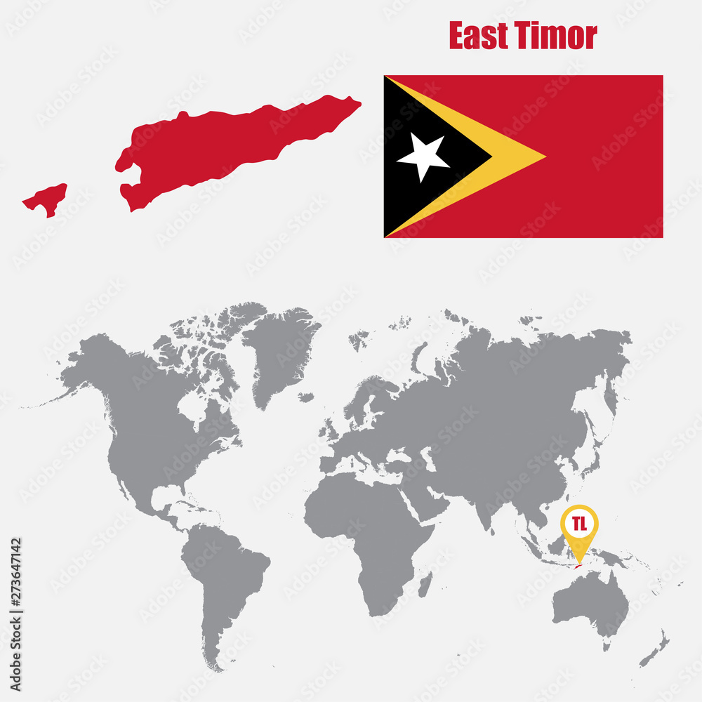Poster East Timor map on a world map with flag and map pointer. Vector illustration