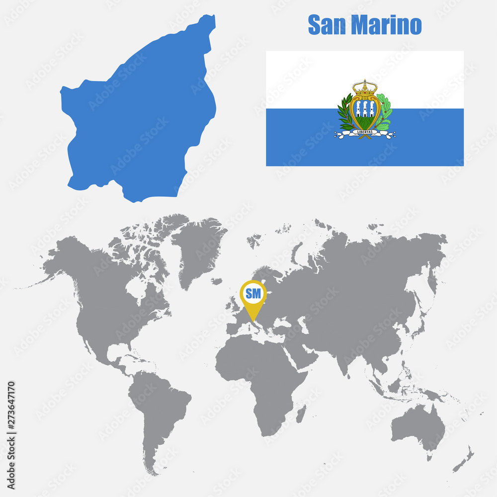 Fototapete san marino map on a world map with flag and map pointer. vector illustration