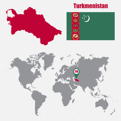 Turkmenistan map on a world map with flag and map pointer. Vector illustration