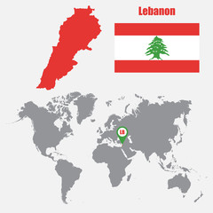 Lebanon map on a world map with flag and map pointer. Vector illustration