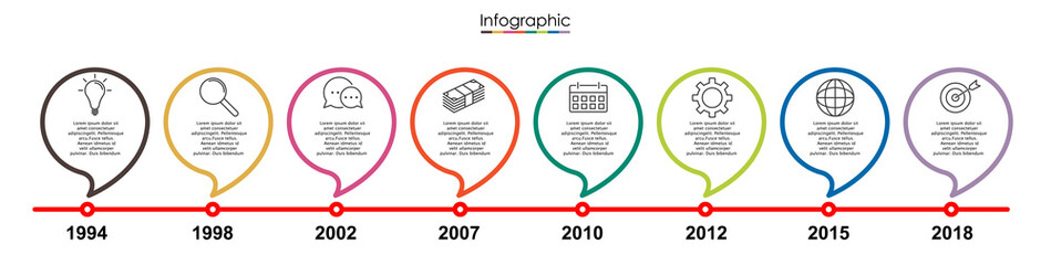 Vector infographic template with eight steps or options. Illustration presentation with thin line elements icons.  Business concept graphic design can be used for web, paper brochure, diagram